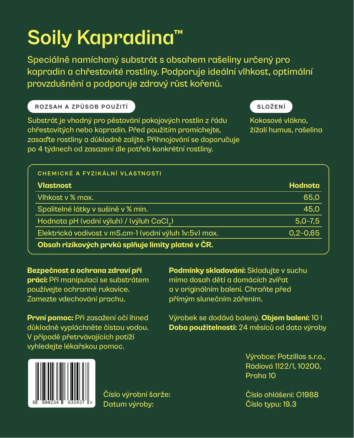 Soily KAPRADINA — zadní etiketa